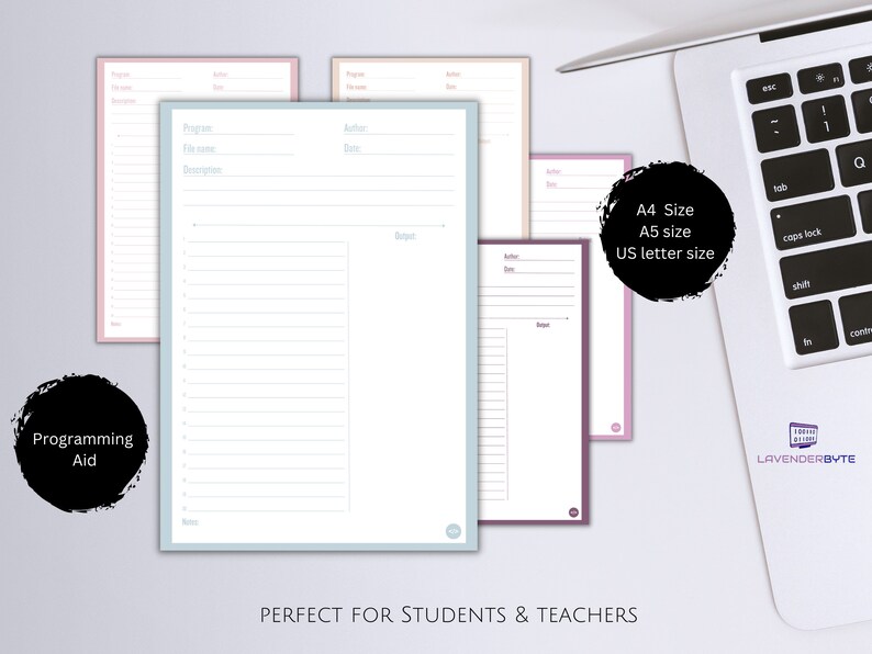 May include: Three printable planner pages in pink, blue, and purple with lined sections for writing. The pages are labelled "Program", "Author", "File name", "Date", "Description", and "Notes". The text "A4 Size, A5 size, US letter size" is written in black on a white background.