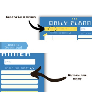 Peut inclure: Un planificateur quotidien imprimable bleu et jaune avec le texte "DAILY PLANNER" et "TODAY'S SCHEDULE" en jaune. Le planificateur comprend une section pour encercler le jour de la semaine, une section pour &eacute;crire la date et une section pour &eacute;crire les objectifs du jour.
