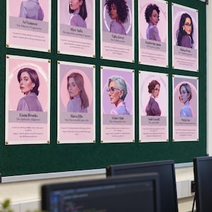 Könnte beinhalten: Eine grüne Pinnwand zeigt zehn rechteckige Plakate mit illustrierten Porträts von Frauen in violetter Kleidung. Jedes Plakat enthält einen Namen, eine Berufsbezeichnung und eine kurze Beschreibung ihrer Beiträge zur Technologie.