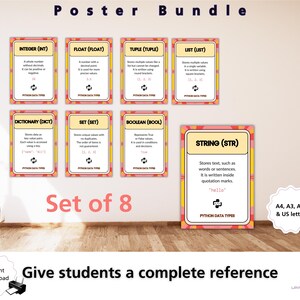 Python Datentypen Poster Set, String Integer Float Boolesche Liste Tuple Set Wörterbuch, GCSE Computer Science Classroom Decor KS3 KS4 Wall Bild 2