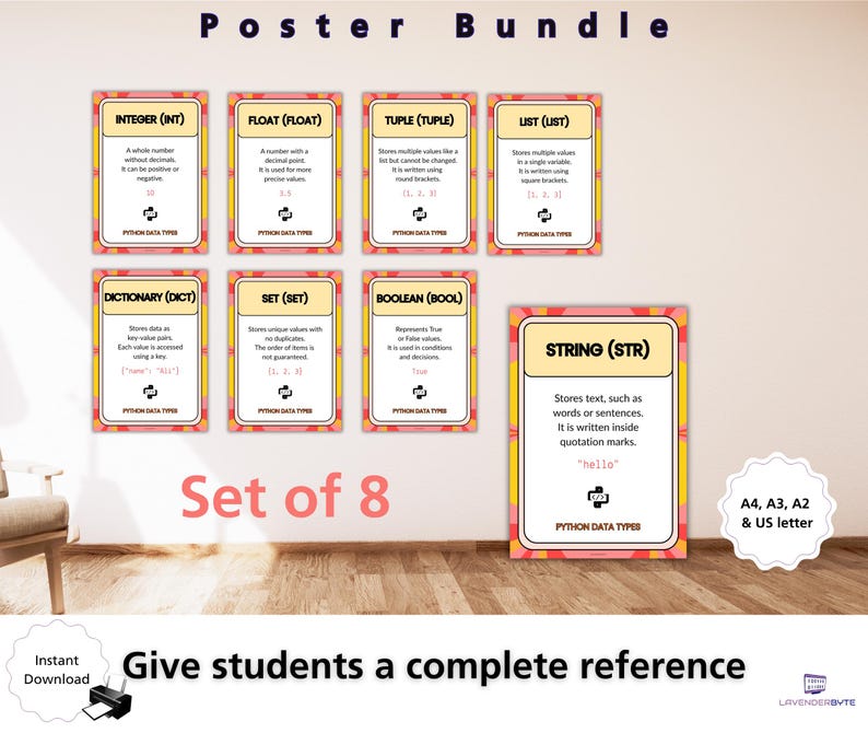 Python Datentypen Poster Set, String Integer Float Boolesche Liste Tuple Set Wörterbuch, GCSE Computer Science Classroom Decor KS3 KS4 Wall Bild 2