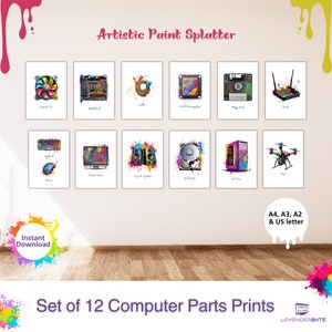 Künstlerische Computer-Hardware-Poster - Computerklassenzimmer-Poster x12, Computer Science GCSE STEM-Klassen-Technologie-Dekor mit Farbspritzern