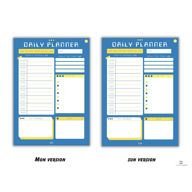 Pu&ograve; includere: Due fogli di pianificatore giornaliero blu e gialli. Ogni foglio ha un programma, una lista di cose da fare e una sezione note. Il testo "DAILY PLANNER" &egrave; in alto. Un foglio dice "Mon Version" e l'altro "Sun Version".