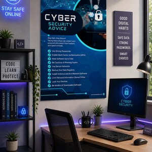 May include: A cyber security poster with blue and black tones, featuring the text "CYBER SECURITY ADVICE" and a list of safety tips. The poster is displayed in a workspace with a computer monitor, a black desk, a chair, and a shelving unit.