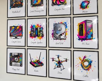 May include: A grid of twelve framed wall art prints featuring computer hardware components like a motherboard, CPU, fan, keyboard, mouse, screen, speakers, hard disk, PC tower, floppy disk, router, drone, and cables, all with vibrant paint splatter.
