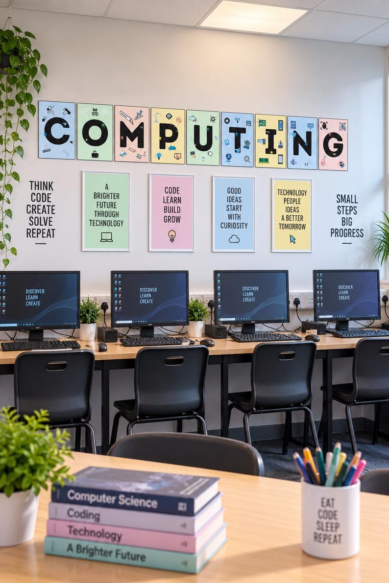 May include: A computer lab featuring four workstations with monitors displaying "DISCOVER LEARN CREATE". The wall displays the word "COMPUTING" in individual frames, motivational text posters, and a stack of books titled "Computer Science".