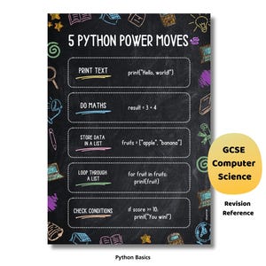 Pu&ograve; includere: Un poster nero con esempi di codice Python, intitolato "5 Python Power Moves". Include istruzioni come "Print Text", "Do Maths", "Store Data in a List", "Loop Through a List" e "Check Conditions". Riferimento di revisione GCSE in informatica.