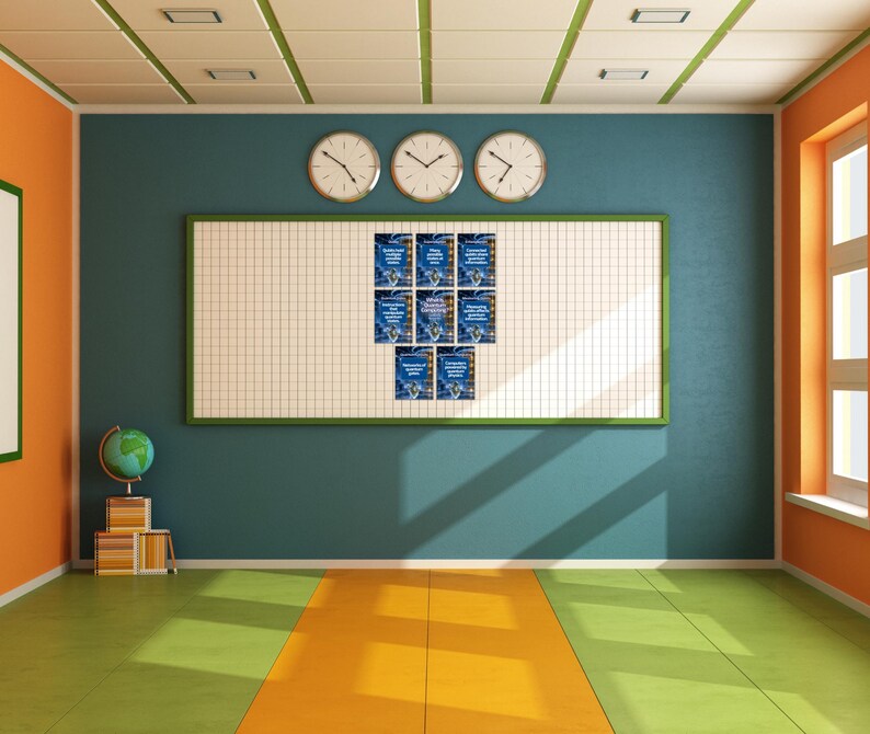 Pu&ograve; includere: Un'aula scolastica con una grande lavagna bianca a griglia montata su una parete verde acqua. Otto piccoli poster rettangolari sono disposti in gruppo sulla lavagna. Tre orologi analogici rotondi sono posizionati sopra e un mappamondo poggia su dei libri.