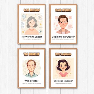 May include: Four framed illustrations with portraits and job titles. The top left reads "Raya Perlman, Networking Expert." The top right reads "Mark Zedbers, Social Media Creator." The bottom left reads "Tim Bernelle, Web Creator." The bottom right reads "Hedy Lamarr, Wireless Inventor."