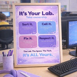 May include: A framed poster with a purple and blue cloud background featuring the text It's Your Lab. Take ownership. Four boxes labelled Sort it, Call it, Fix it, and Respect it provide instructions. The bottom text reads The Lab. The Space. The Tech. It's ALL Yours.