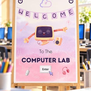 May include: A vertical poster on a wooden easel featuring a light purple and pink gradient background. It displays a cartoon computer character, a banner reading WELCOME, and the text To The COMPUTER LAB with a white button labeled Enter and a cursor.