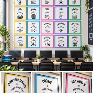 Peut inclure: Un affichage mural composé de vingt affiches carrées présentant des termes et icônes d'informatique, disposées en grille. Chaque affiche inclut du texte comme Computer Science is byte-sized fun, Coding is code-tastic et Networks is net-awesome.