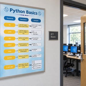May include: A framed educational poster titled Python Basics mounted on a wall. The chart features a table with columns for Keywords, Description, and Examples, detailing programming concepts like for, while, def, return, class, and lambda.