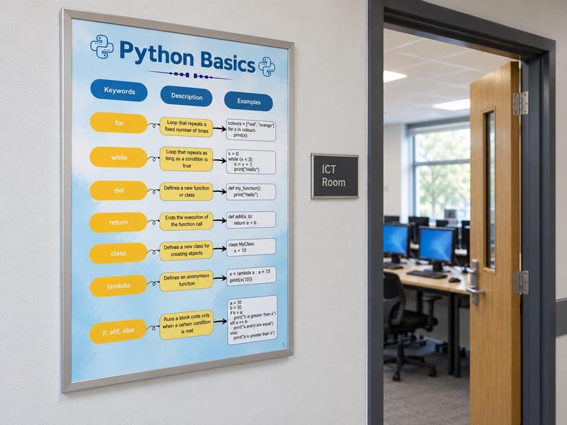 May include: A framed educational poster titled Python Basics mounted on a wall. The chart features a table with columns for Keywords, Description, and Examples, detailing programming concepts like for, while, def, return, class, and lambda.