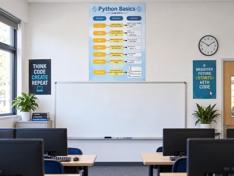 May include: A large educational poster titled Python Basics mounted on a wall above a whiteboard. The poster features a table with keywords, descriptions, and code examples for Python programming, including for, while, def, return, class, lambda, and if-else.
