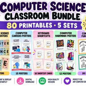 Computer Science Posters Bundle | Computer Lab Decor | 80 Printable Classroom Posters | Coding & Technology Classroom Decor Digital Download
