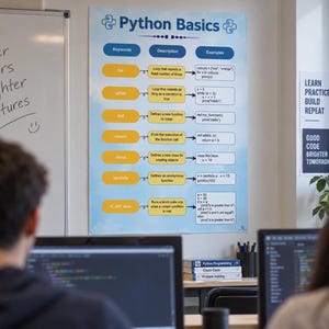 May include: A wall poster titled Python Basics featuring a table with columns for Keywords, Description, and Examples. The chart lists programming terms like for, while, def, return, class, lambda, and if, else, elif with their definitions and code snippets.