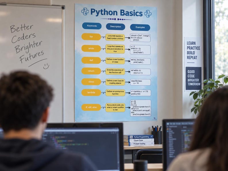 May include: A wall poster titled Python Basics featuring a table with columns for Keywords, Description, and Examples. The chart lists programming terms like for, while, def, return, class, lambda, and if, else, elif with their definitions and code snippets.