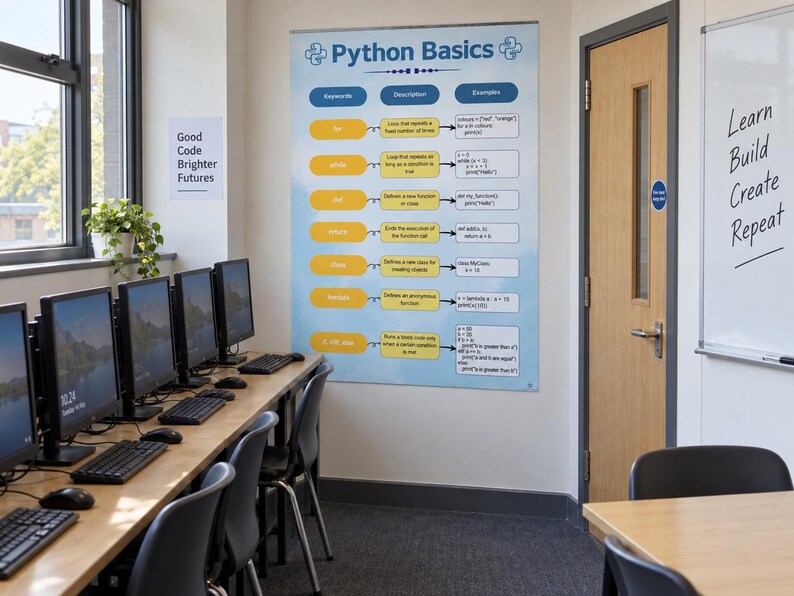 May include: A large educational wall poster titled Python Basics featuring a table with keywords, descriptions, and code examples. The poster has a light blue background and is displayed in a computer lab with rows of monitors and keyboards.