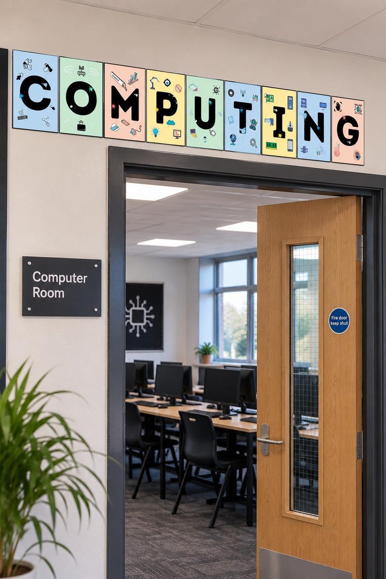 May include: A wall sign above a doorway featuring the word COMPUTING in large black letters, with each letter displayed on a separate rectangular panel decorated with various small colorful technology-themed icons and illustrations.