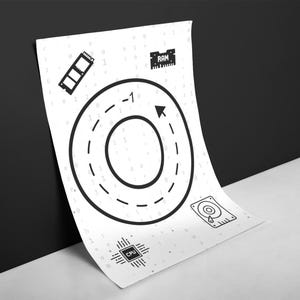 May include: A white sheet of paper with a black circle in the centre. The circle has a smaller circle inside of it. The smaller circle has a black arrow pointing to the right. The paper is covered in a pattern of small black dots. The paper also has black icons of a computer chip, a hard drive, a RAM stick, and a CPU.