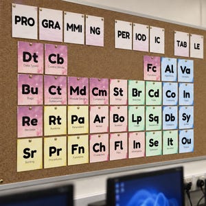 Op de afbeelding: Een kurken prikbord toont een periodiek systeem van programmeerconcepten met individuele kaarten in rijen. Elke kaart bevat een symbool van twee letters en een beschrijvende term, gerangschikt op kleur en vastgezet met punaises.