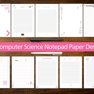 Può includere: Dieci modelli di carta per blocchi note stampabili con temi di informatica. I disegni includono un monitor per computer, un mouse, un floppy disk, codice binario e il testo "NOTES {}".