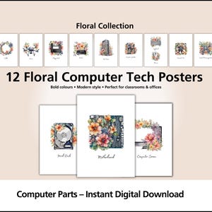 Floral Computer Hardware Posters | Set of 12 Tech Classroom Prints