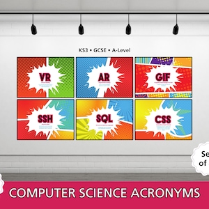Posters d'acronymes d'informatique | Lot de 45 | Présentoir de classe A-Level KS3 GCSE