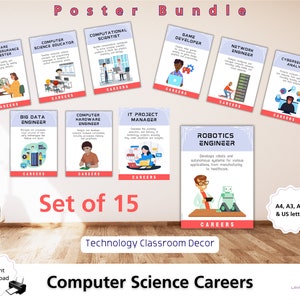 15 posterset voor carrières in de informatica - Tech Classroom Decor for Teachers, Students, High School & College Lab Educatieve printsbundel
