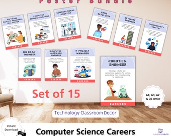 15 Careers in Computer Science Posters Set - Tech Classroom Decor for Teachers, Students, High School &College Lab Educational Prints Bundle