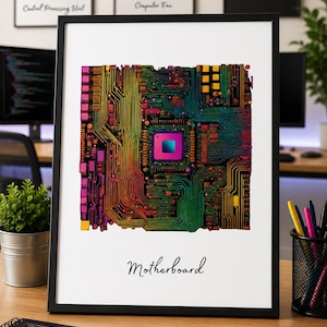 May include: A framed wall art print featuring a vibrant, multi-colored illustration of a computer motherboard with a central processor unit. The artwork displays intricate circuit board patterns in shades of orange, green, and pink, with the word Motherboard printed in a black cursive script at the bottom.