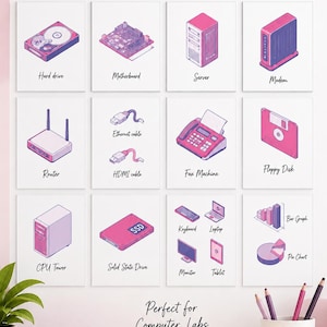 May include: A set of 12 printable posters titled Computer Hardware Poster Set, featuring isometric illustrations of computer components like a hard drive, motherboard, server, modem, router, cables, fax machine, floppy disk, CPU tower, and SSD.