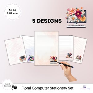 May include: Set of five printable floral computer stationery designs. Each design features a computer screen with flowers spilling out of it. The designs are available in A4, A5, and US letter sizes.