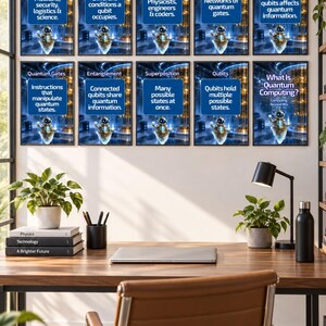 Peut inclure: Un ensemble de dix affiches &eacute;ducatives encadr&eacute;es sur l'informatique quantique, chacune pr&eacute;sentant un petit robot et des encadr&eacute;s bleus expliquant des concepts comme les &eacute;tats quantiques, l'intrication, la superposition et les circuits.