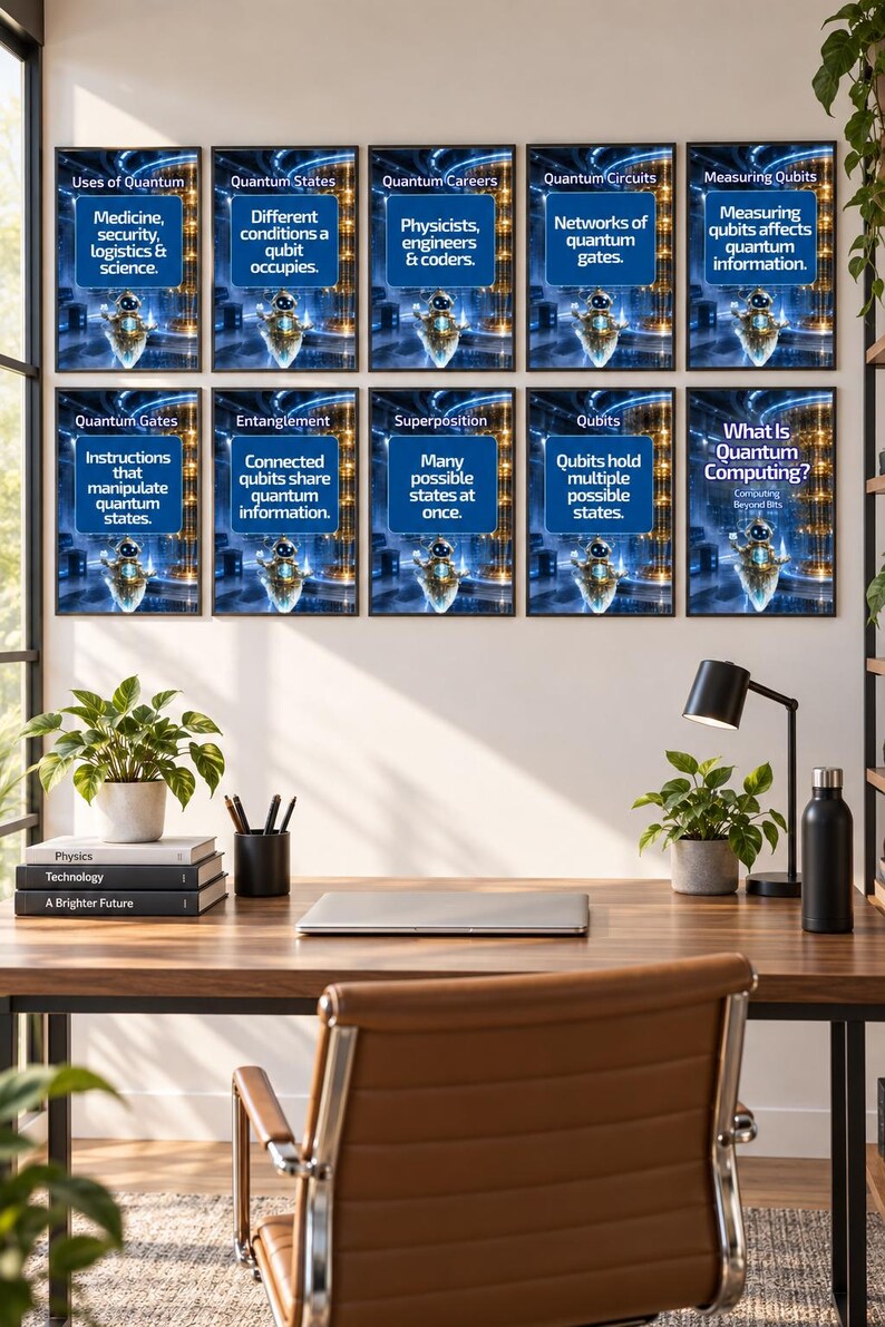 Peut inclure: Un ensemble de dix affiches &eacute;ducatives encadr&eacute;es sur l'informatique quantique, chacune pr&eacute;sentant un petit robot et des encadr&eacute;s bleus expliquant des concepts comme les &eacute;tats quantiques, l'intrication, la superposition et les circuits.
