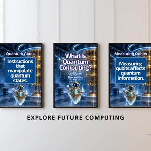 Pu&ograve; includere: Tre poster incorniciati con un piccolo robot in un ambiente di laboratorio futuristico. I poster mostrano il testo: Quantum Gates, Instructions that manipulate quantum states, What Is Quantum Computing?, Computing Beyond Bits, Measuring Qubits, Measuring qubits affects quantum information e EXPLORE FUTURE COMPUTING.