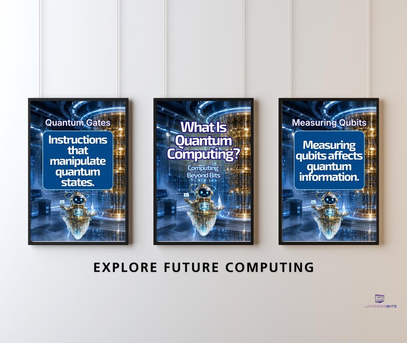 Pu&ograve; includere: Tre poster incorniciati con un piccolo robot in un ambiente di laboratorio futuristico. I poster mostrano il testo: Quantum Gates, Instructions that manipulate quantum states, What Is Quantum Computing?, Computing Beyond Bits, Measuring Qubits, Measuring qubits affects quantum information e EXPLORE FUTURE COMPUTING.