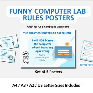 Affiches drôles de règles de laboratoire informatique | Décoration de classe TIC (téléchargement numérique)