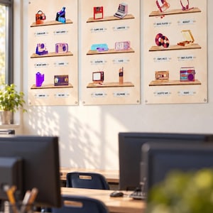 May include: A set of three wall posters featuring illustrations of vintage technology items arranged on shelves. Each item is labeled with text including stereoscope, video camera, floppy disk, computer, instant camera, camera, CD player, clock, television, cellphone, music player, headset, vinyl discs, vinyl player, cassette tape, and radio.