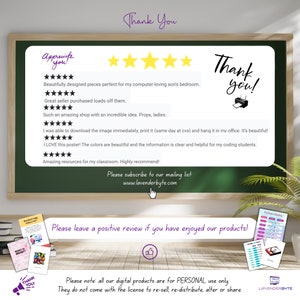 May include: A chalkboard with a thank you message and five-star reviews. The reviews highlight the quality of the products and the seller's responsiveness. The text on the chalkboard also includes a call to action to subscribe to the mailing list and leave a positive review. The image also includes a thumbs up icon and a printer icon.