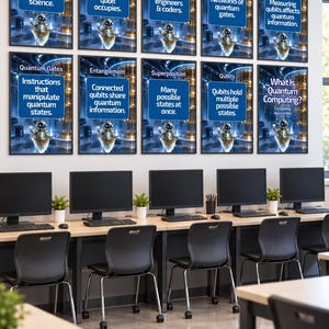 Peut inclure: Un ensemble de dix affiches &eacute;ducatives encadr&eacute;es fix&eacute;es au mur, chacune pr&eacute;sentant un encadr&eacute; bleu avec du texte blanc expliquant des concepts d'informatique quantique, accompagn&eacute;es d'une illustration d'un petit robot.