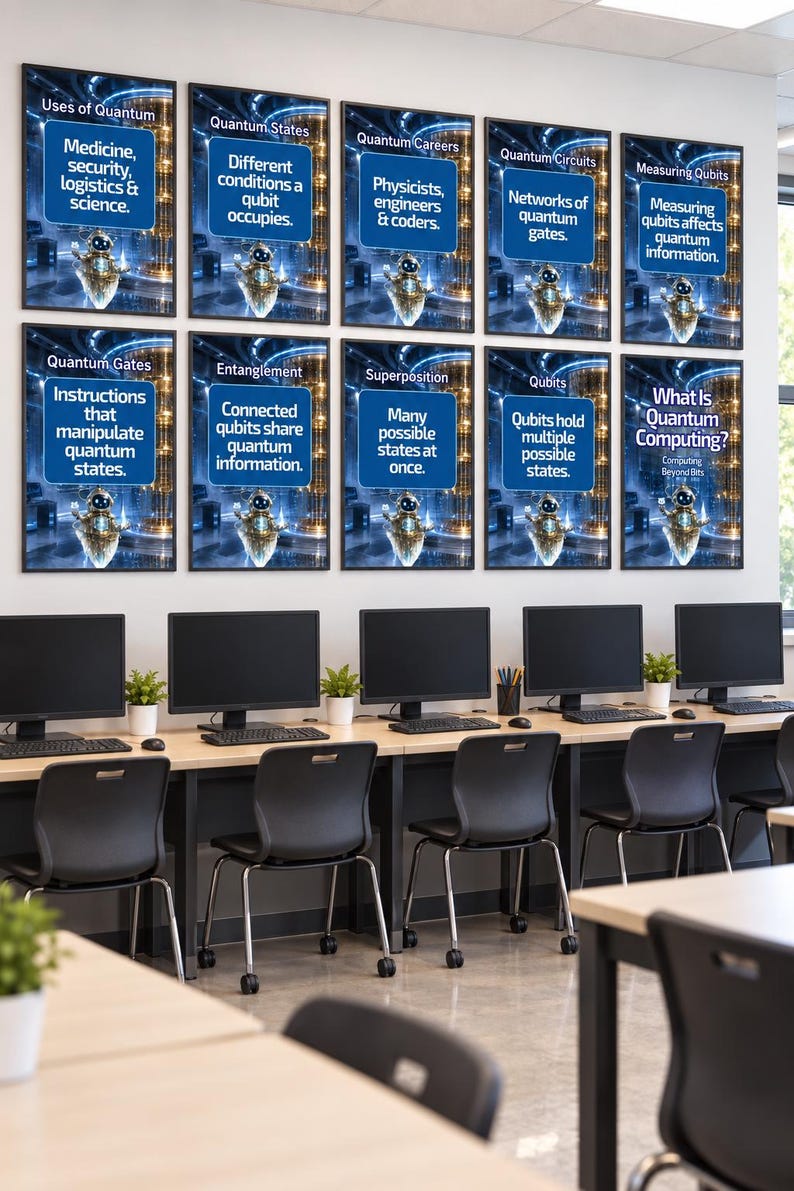 Peut inclure: Un ensemble de dix affiches &eacute;ducatives encadr&eacute;es fix&eacute;es au mur, chacune pr&eacute;sentant un encadr&eacute; bleu avec du texte blanc expliquant des concepts d'informatique quantique, accompagn&eacute;es d'une illustration d'un petit robot.