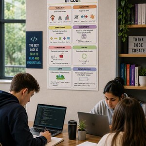May include: A vertical educational poster titled Building Blocks of Code featuring colourful sections on variables, data types, operators, functions, conditions, loops, lists, and input/output with programming examples and icons on a white background.