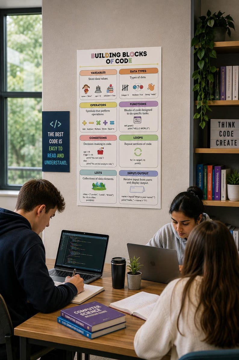 May include: A vertical educational poster titled Building Blocks of Code featuring colourful sections on variables, data types, operators, functions, conditions, loops, lists, and input/output with programming examples and icons on a white background.