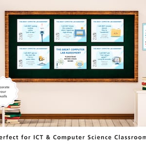 May include: A framed chalkboard with six illustrated computer lab rules posters. The posters have a white background with blue accents and cartoon figures. A smaller poster with rules is on the right. The text "Decorate your walls" is on the left.
