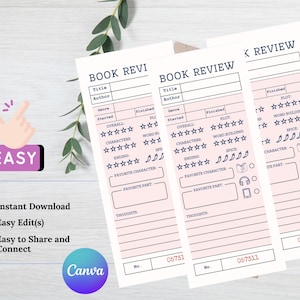 Peut inclure: Modèles de fiches de lecture roses et blanches avec le texte "BOOK REVIEW" en haut. Les modèles comprennent des sections pour le titre, l'auteur, le genre et les notes. Le mot "EASY" est dans un encadré violet avec une icône de doigt pointant.