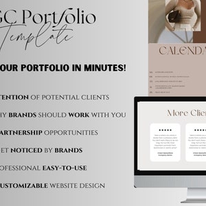 May include: A computer screen displaying a website template for a portfolio. The template features a calendar, client testimonials, and a section for highlighting why brands should work with you. The text "UGC Portfolio Template" and "Complete your portfolio in minutes!" is displayed on the screen.