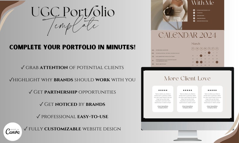 May include: A computer screen displaying a website template for a portfolio. The template features a calendar, client testimonials, and a section for highlighting why brands should work with you. The text "UGC Portfolio Template" and "Complete your portfolio in minutes!" is displayed on the screen.