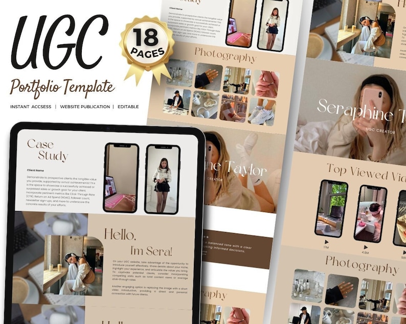 May include: A digital portfolio template with 18 pages for showcasing UGC content. The template features a case study, a photography section, and a top viewed video section. The template is designed for social media creators and influencers.